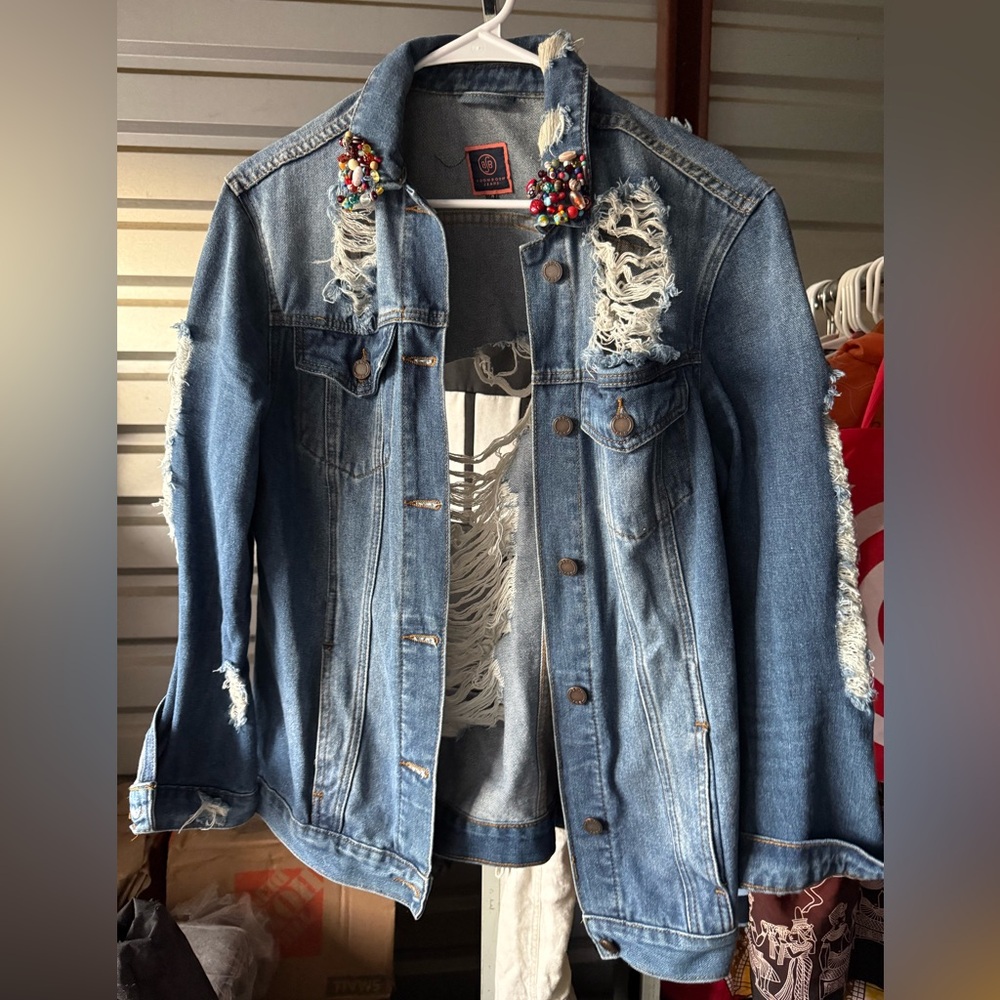 Boom Boom Jeans Blue Shredded Denim Jacket With Beaded Collar